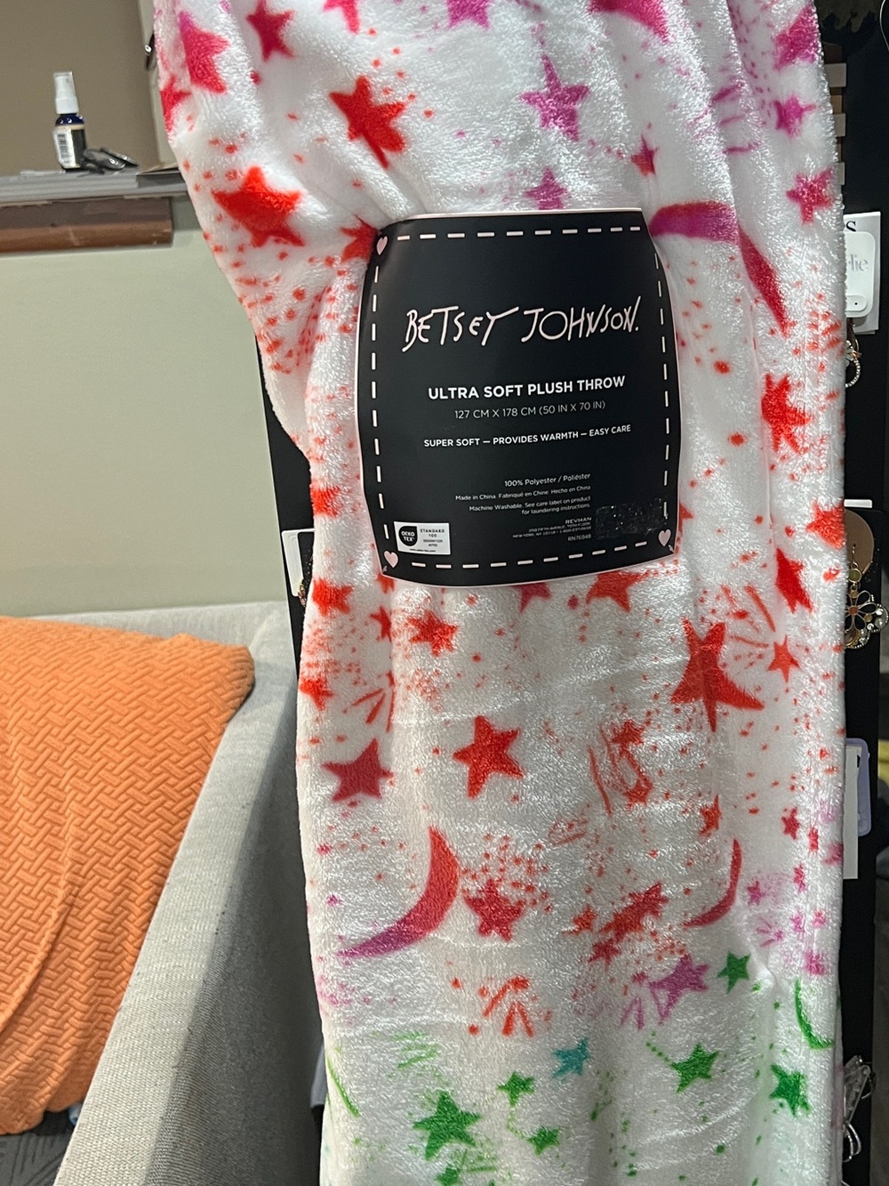 Betsey Johnson White Plush Throwwith Red, Pink & Green Stars